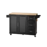 Kitchen Island & Kitchen Cart, Mobile Kitehcn Island with Extensible Rubber Wood Table Top,adjustable Shelf Inside Cabinet for Different Utensils, 3 Big Drawers, with Spice Rack, Towel Rack, Black-Beech