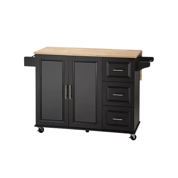 Kitchen Island & Kitchen Cart, Mobile Kitehcn Island with Extensible Rubber Wood Table Top,adjustable Shelf Inside Cabinet for Different Utensils, 3 Big Drawers, with Spice Rack, Towel Rack, Black-Beech