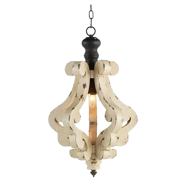 1-Light Farmhouse Chandeliar Distressed White Pendant French Country Wood Chandelier for Living Room Foyer for Indoor