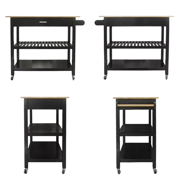 Kitchen Island & Kitchen Cart, Mobile Kitchen Island with Two Lockable Wheels, Rubber Wood Top, Black Color Design Makes It Perspective Impact During Party.