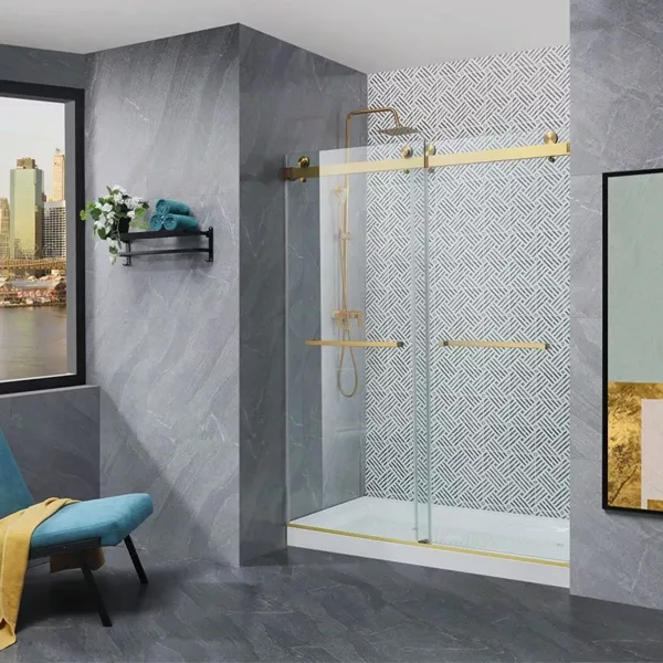 Frameless Double Sliding Shower Glass Door Gold 56 - 60 W x 76 H,3/8(10mm) Thick Clear Tempered Glass,Heavy Duty Stainless Steel Hardwares,Rectangle Handles,Brushed Gold,Bypass Shower Enclosure