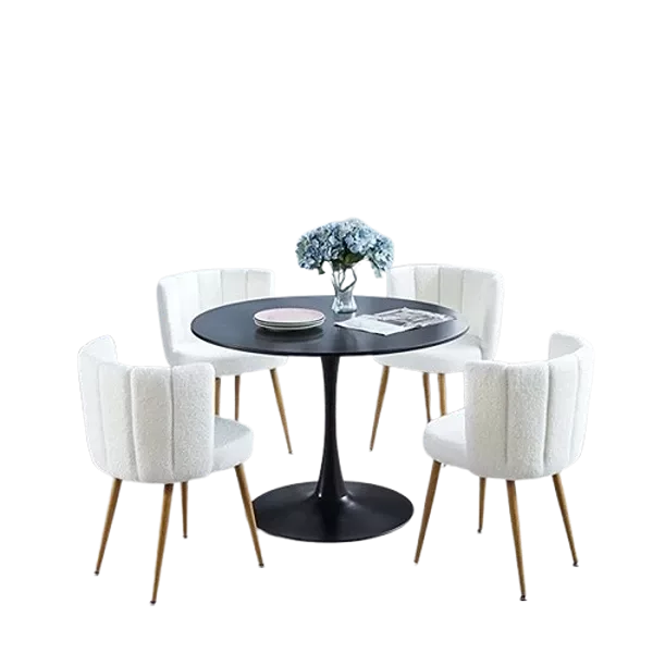 Modern White 5 Pieces Round Dining Table set With 4 Fabric Upholstered Dining Chair with Backrest And Metal Legs For Living Room,Dining Room