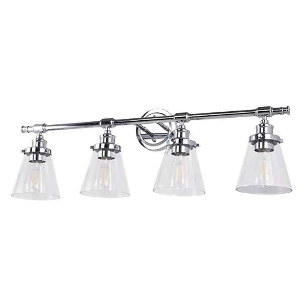 4-Light Industrial Bathroom Vanity Lights with Chrome Metal Finish and Glass Shades