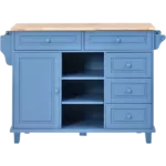 Kitchen cart with Rubber wood desktop rolling mobile kitchen island with storage and 5 draws 53 Inch length (Blue)