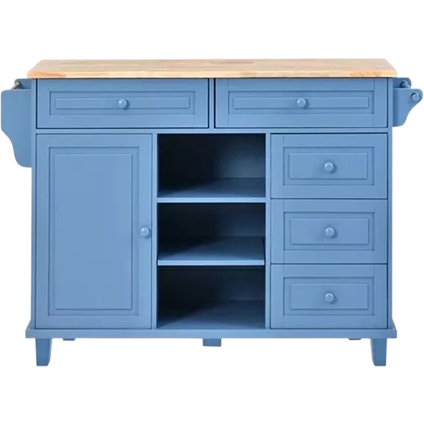 Kitchen cart with Rubber wood desktop rolling mobile kitchen island with storage and 5 draws 53 Inch length (Blue)