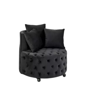 Modern Black Velvet Upholstered Swivel Chair with Button Tufted Design and Movable Wheels for Living Room, Including 3 Pillows