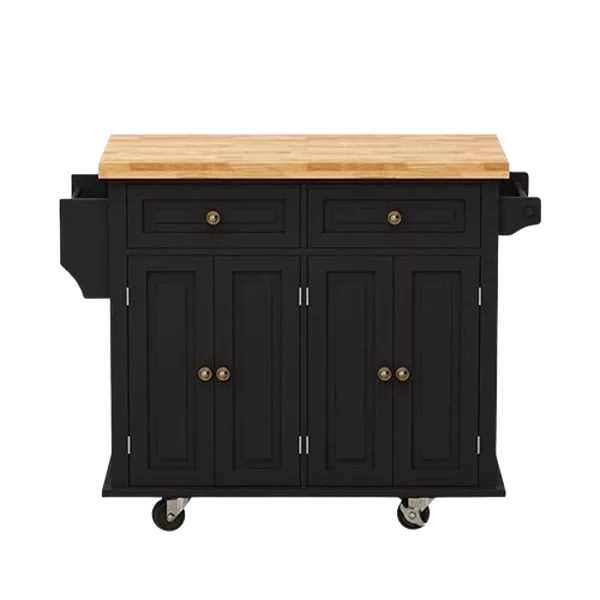 Kitchen Island Cart with Two Storage Cabinets and Two Locking Wheels,43.31 Inch Width,4 Door Cabinet and Two Drawers,Spice Rack, Towel Rack(Black)