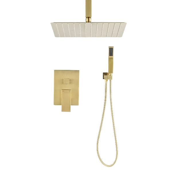 Rectangle Gold Ceiling Mounted  Shower System  with Handheld Shower and 12" Shower Head