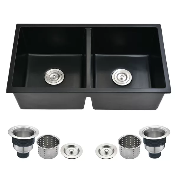33" L X 18" W Double Bowl Undermount Kitchen Sink With Basket Strainer