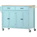 Kitchen Island Cart with 4 Door Cabinet and Two Drawers and 2 Locking Wheels - Solid Wood Top, Adjustable Shelves, Spice & Towel Rack(Mint Green)