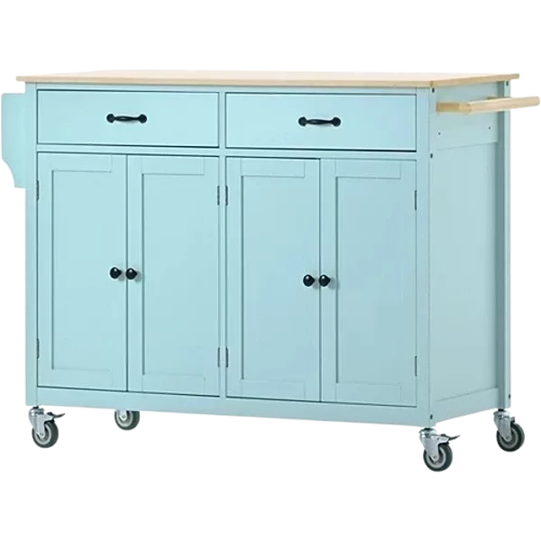 Kitchen Island Cart with 4 Door Cabinet and Two Drawers and 2 Locking Wheels - Solid Wood Top, Adjustable Shelves, Spice & Towel Rack(Mint Green)