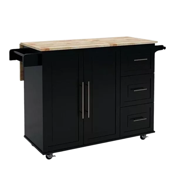 Kitchen Island with Spice Rack, Towel Rack and Extensible Solid Wood Table Top-Black