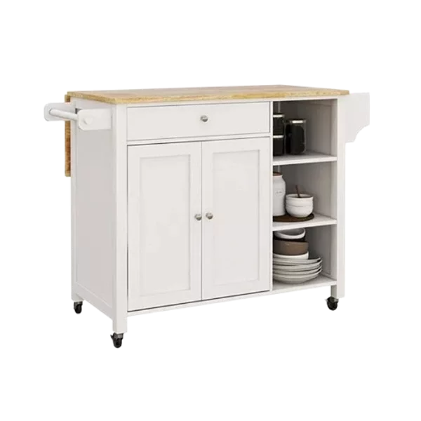 Double Door Kitchen Island with Lockable Wheels, Towel Rack, Storage Drawer and Three Open Shelves-White