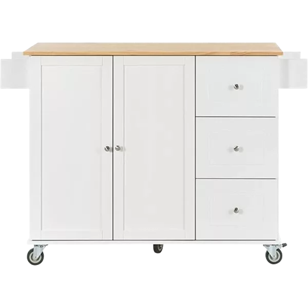 Rolling Mobile Kitchen Island with Solid Wood Top and Locking Wheels,52.7 Inch Width,Storage Cabinet and Drop Leaf Breakfast Bar,Spice Rack, Towel Rack & Drawer (White)