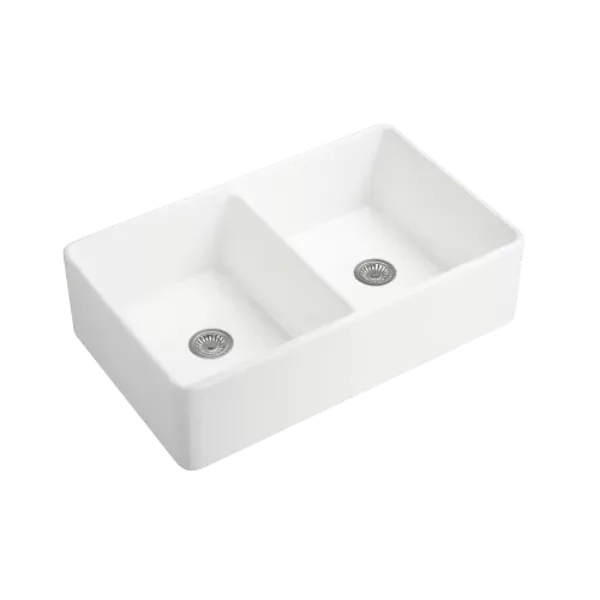 32 in. Apron-Front Double Bowl White ceramic Kitchen Sink with Bottom Grid and Basket Strainer