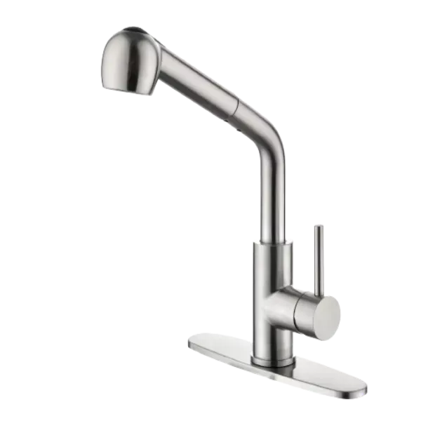 White Pull-Out Sprayer Kitchen Faucet In Stainless with Deck Plate