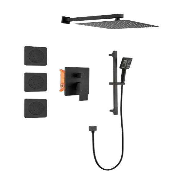 Shower System with Shower Head, Hand Shower, Slide Bar, Body sprays, Shower Arm, Hose, Valve Trim, and Lever Handles