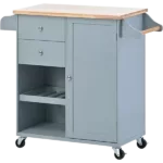 K&K Store Kitchen Cart with Spice Rack ,Towel Rack & Two Drawers,Rubber wood top,Kitchen Island with 4 Wheels for Dining Rooms Kitchens Living Rooms, Grey Blue