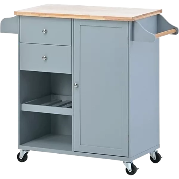 K&K Store Kitchen Cart with Spice Rack ,Towel Rack & Two Drawers,Rubber wood top,Kitchen Island with 4 Wheels for Dining Rooms Kitchens Living Rooms, Grey Blue