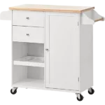 K&K Store Kitchen Cart with Spice Rack ,Towel Rack & Two Drawers,Rubber wood top,Kitchen Island with 4 Wheels for Dining Rooms Kitchens Living Rooms, White