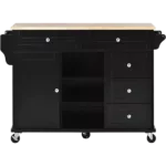 Kitchen cart with Rubber wood desktop rolling mobile kitchen island with storage and 5 draws 53 Inch length (Black)