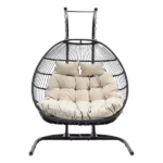 Double-Seat Folding Hanging Swing Chair with Stand and Cushion in White