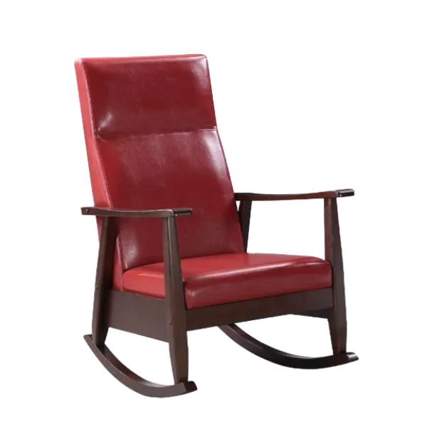 Red PU Espresso Rocking Chair of Wooden Frame And Legs Ideal for Living Room & Bedroom