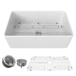 30  Inch Fireclay Farmhouse Kitchen Sink White Single Bowl Apron Front Kitchen Sink, Bottom Grid and Kitchen Sink Drain Included