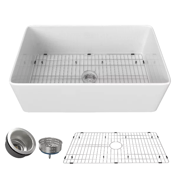 30  Inch Fireclay Farmhouse Kitchen Sink White Single Bowl Apron Front Kitchen Sink, Bottom Grid and Kitchen Sink Drain Included