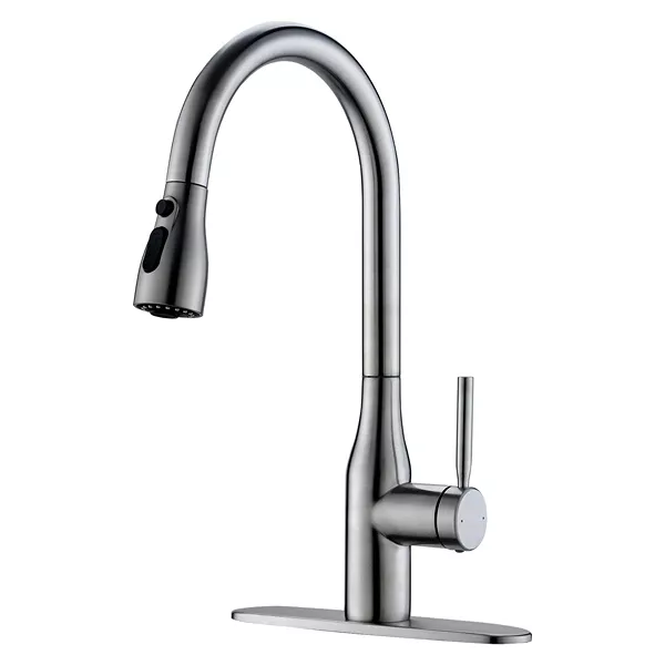 Brushed Nickel Single-Handle Pull-down Deck Mount Kitchen Sink Faucet with Three-Function Sprayhead