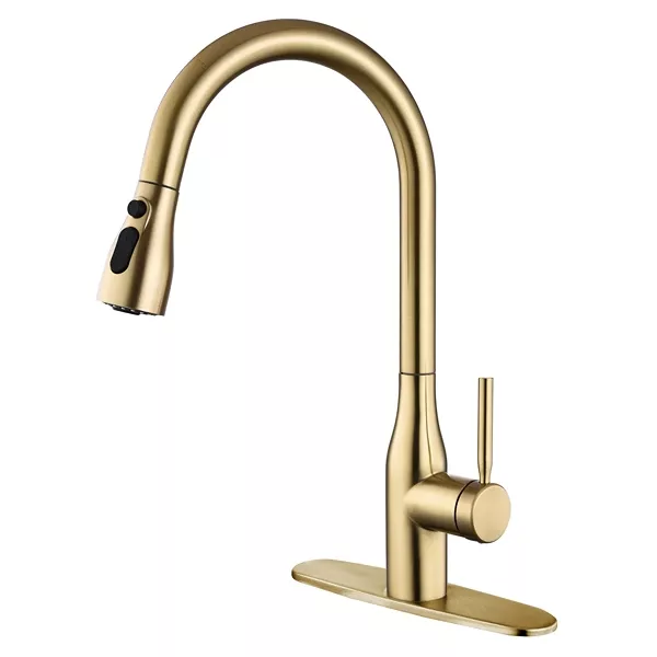 Brushed Gold Single-Handle Pull-down Deck Mount Kitchen Sink Faucet with Three-Function Sprayhead