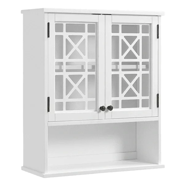 27"W x 29"H Wooden Wall Mounted Bath Storage Cabinet with Glass Cabinet Doors and Shelf in White Color
