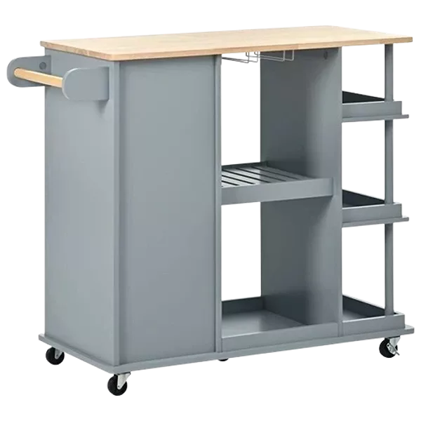 Multipurpose Kitchen Cart Cabinet with Side Storage Shelves,Rubber Wood Top, Adjustable Storage Shelves, 5 Wheels, Kitchen Storage Island with Wine Rack for Dining Room, Home,Bar,Grey Blue