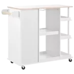 Multipurpose Kitchen Cart Cabinet with Side Storage Shelves,Rubber Wood Top, Adjustable Storage Shelves, 5 Wheels, Kitchen Storage Island with Wine Rack for Dining Room, Home,Bar,White