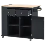 Kitchen Island with Power Outlet,Kitchen Storage Island with Drop Leaf and Rubber Wood,Open Storage and Wine Rack,5 Wheels,with Adjustable Storage for Home, Kitchen, and Dining Room, Black