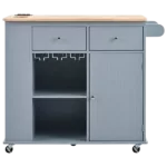 Kitchen Island with Power Outlet,Kitchen Storage Island with Drop Leaf and Rubber Wood,Open Storage and Wine Rack,5 Wheels,with Adjustable Storage for Home, Kitchen, and Dining Room, Grey Blue