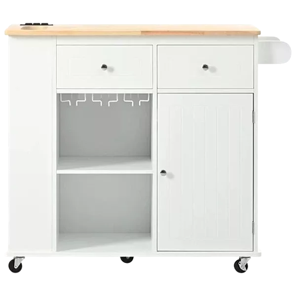 Kitchen Island with Power Outlet,Kitchen Storage Island with Drop Leaf and Rubber Wood,Open Storage and Wine Rack,5 Wheels,with Adjustable Storage for Home, Kitchen, and Dining Room,White