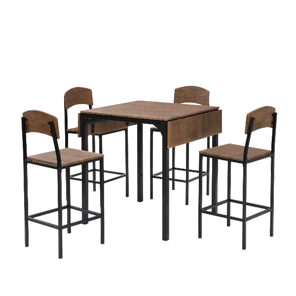 Modern Warm Brown 5 Piece Dining Set Rectangular Wooden Drop Leaf Table And 4 Chairs With Metal Frame For Dining Room