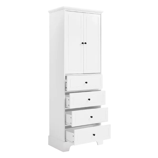 MDF Board with White Painted Finish Storage Cabinet with Adjustable Shelf, 2 Doors and 4 Drawers for Bathroom, Office