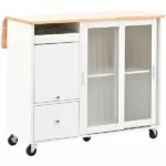 Kitchen Island with Drop Leaf, LED Light Kitchen Cart on Wheels with Power Outlets, 2 Sliding Fluted Glass Doors, Large Kitchen Island Cart with 2 Cabinet and 1 open Shelf (White)