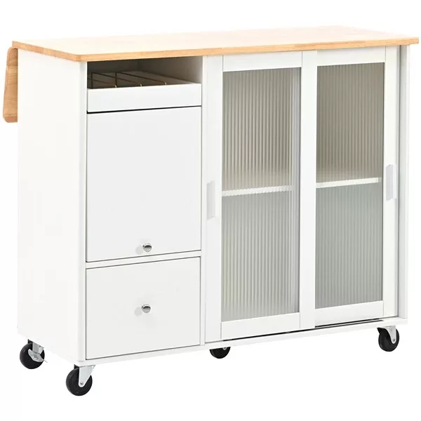 Kitchen Island with Drop Leaf, LED Light Kitchen Cart on Wheels with Power Outlets, 2 Sliding Fluted Glass Doors, Large Kitchen Island Cart with 2 Cabinet and 1 open Shelf (White)