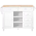 Kitchen cart with Rubber wood desktop rolling mobile kitchen island with storage and 5 draws 53 Inch  length(White)