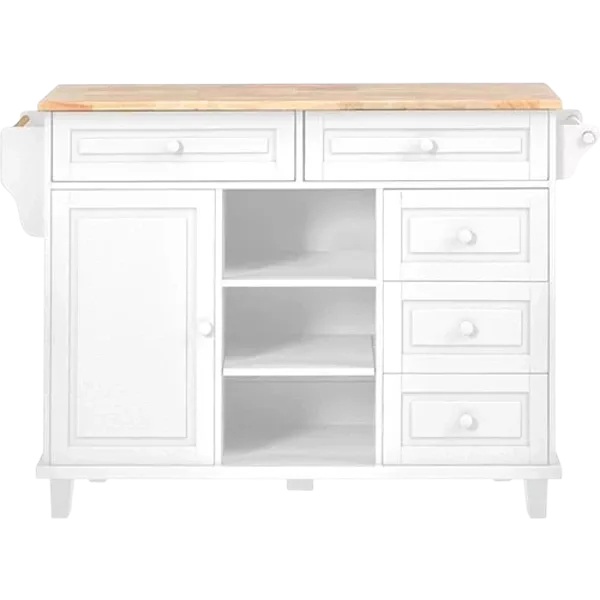 Kitchen cart with Rubber wood desktop rolling mobile kitchen island with storage and 5 draws 53 Inch  length(White)