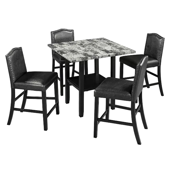 Modern Cherry+Gray 5-Piece Dining Table Set of Drop Leaf, Wine Rack With 4 Chairs and Drawers for Dining Room