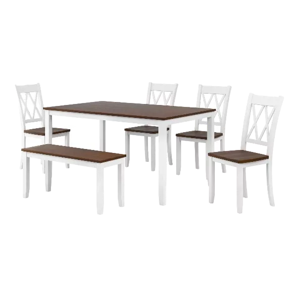 Modern White 6 Piece Dining Set Rectangular Wooden Table With Cross Back 4 Chairs and Bench For Dining Room
