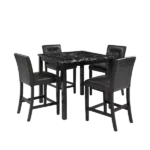 Modern Black 5-Piece Square Dining Table Set of Faux Marble Top with 4 PU Leather-Upholstered Chairs For Dining Room