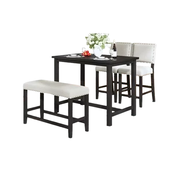 Modern Espresso+Beige 4 Piece Rectangular Dining Table Set of Wood with 2 Chair And Upholstered Bench for Small Places