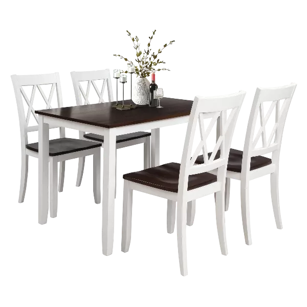 Modern White+Cherry 5-Piece Rectangular Dining Table Set  of Wood With 4 Upholstery Chairs For Dining Room