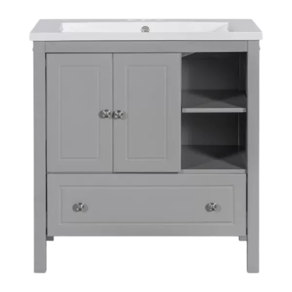 32 in. 1-Sink Freestanding Bath Vanity in Gray with White Ceramic Top