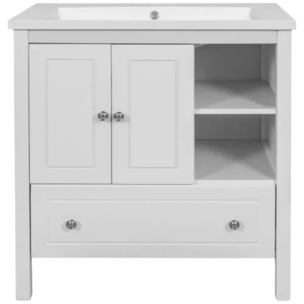 32.13 in.  White Bath Vanity White Ceramic Top, Bath Storage Cabinet Doors & Drawers